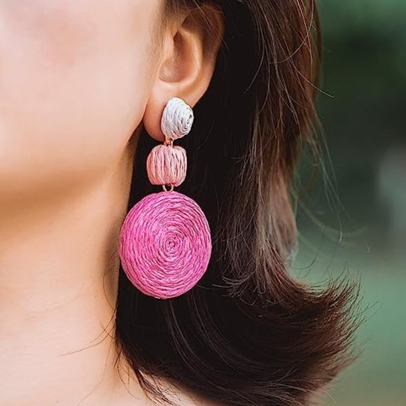 Chunky Pink Gradient Raffia Earrings Wicker Bold Retro Statement Dangle 80s New - Picture 1 of 8